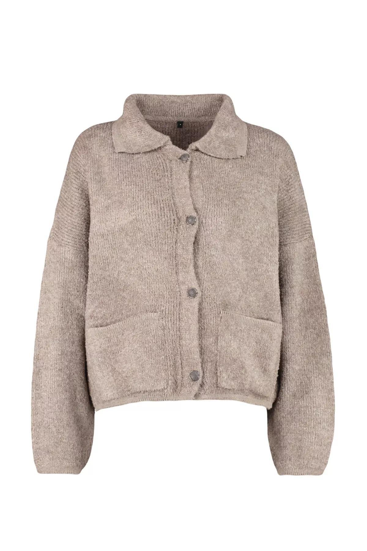 Brown Wide Fit Polo Neck Boucle Cardigan, Mink, large image number 4