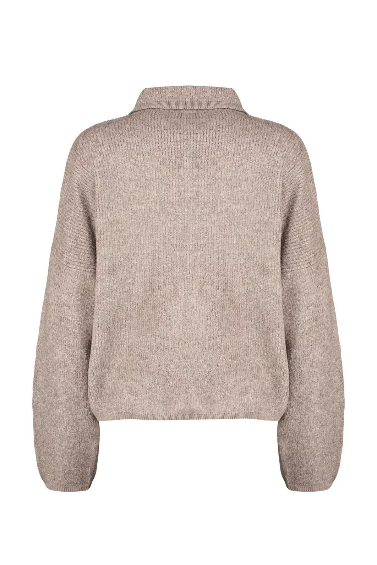 Brown Wide Fit Polo Neck Boucle Cardigan, Mink, large image number 6