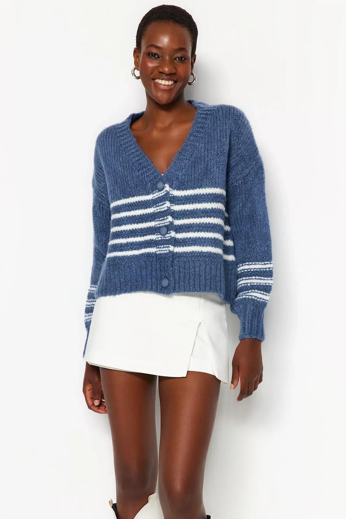 Blue Striped Buttoned Knitted Cardigan, , large image number 0