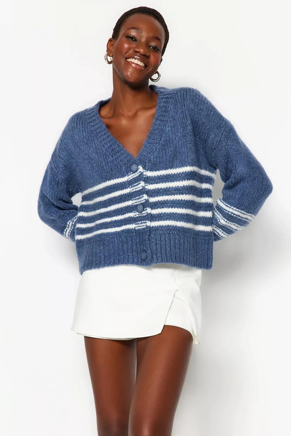 Blue Striped Buttoned Knitted Cardigan, , large image number 1