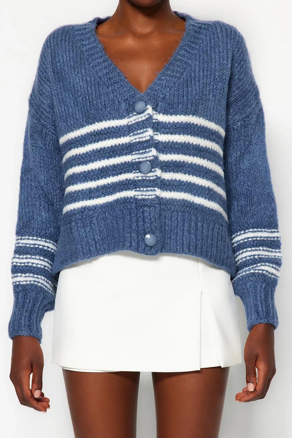 Blue Striped Buttoned Knitted Cardigan, , large image number 3