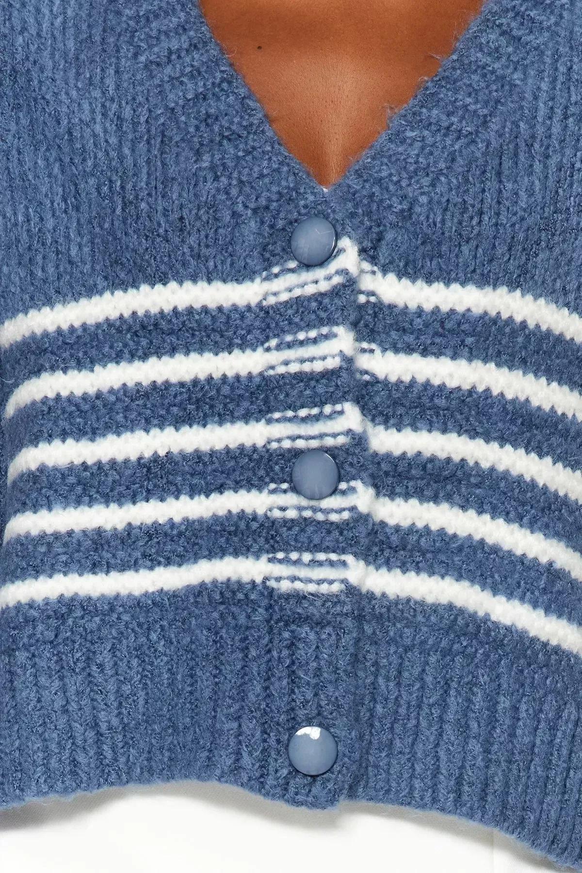 Blue Striped Buttoned Knitted Cardigan, , large image number 4
