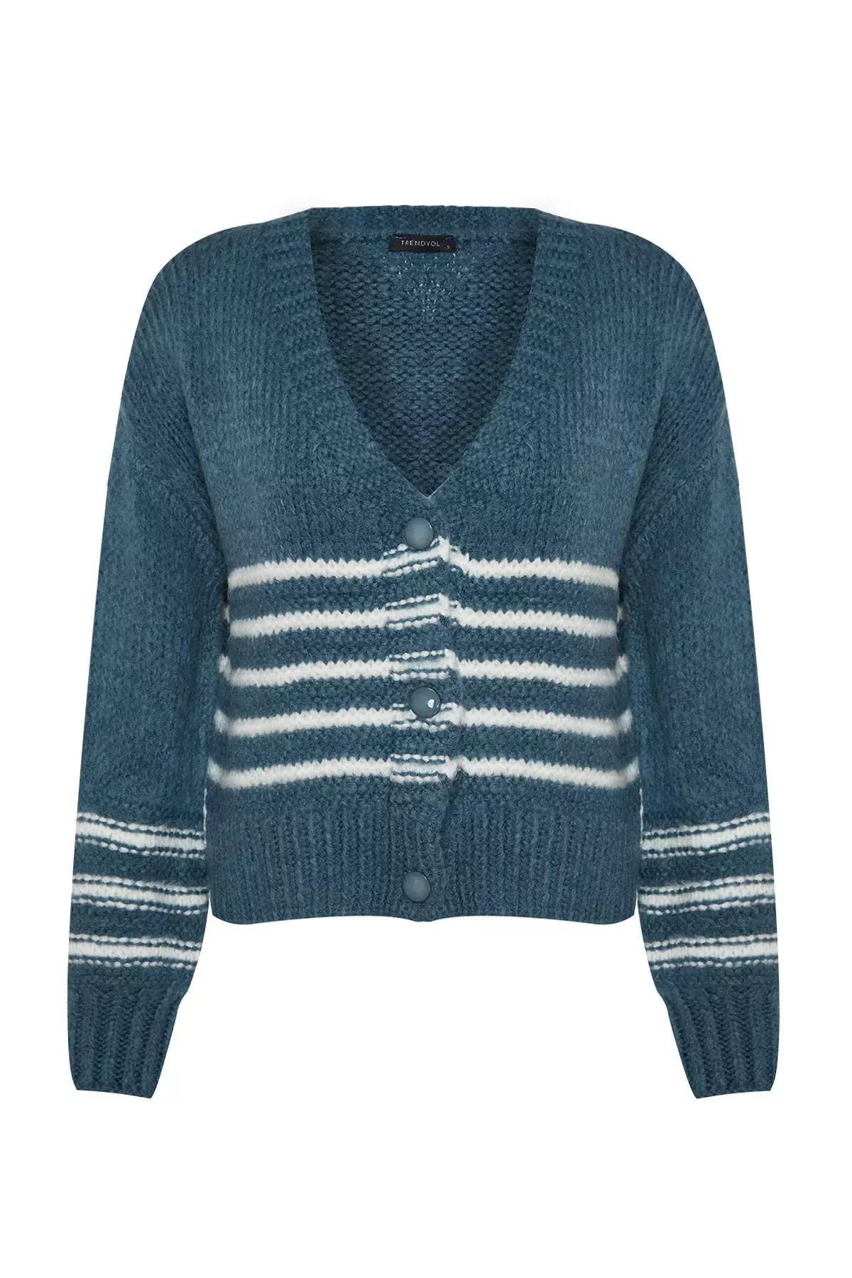 Blue Striped Buttoned Knitted Cardigan, , large image number 5