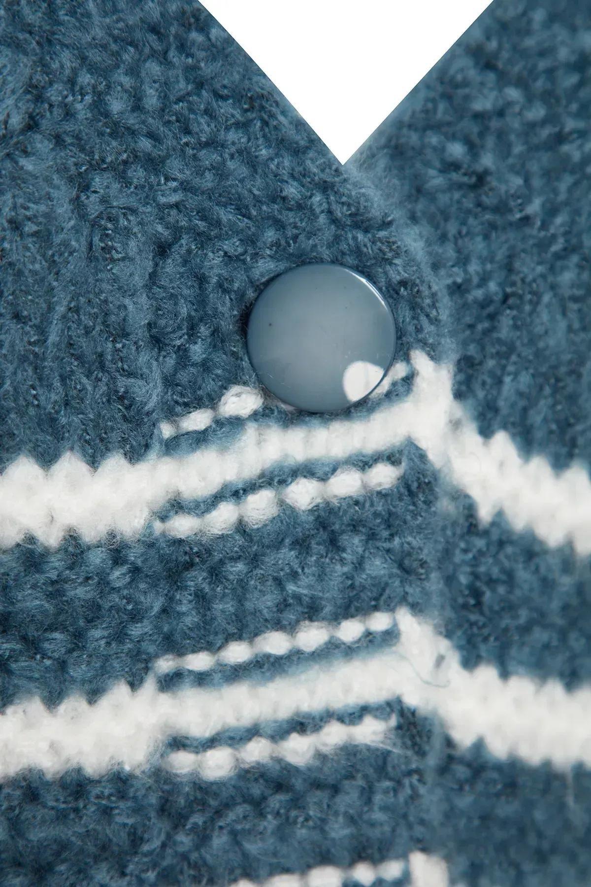 Blue Striped Buttoned Knitted Cardigan, , large image number 6