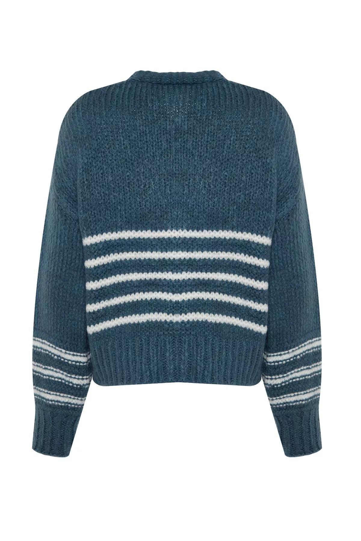 Blue Striped Buttoned Knitted Cardigan, , large image number 7