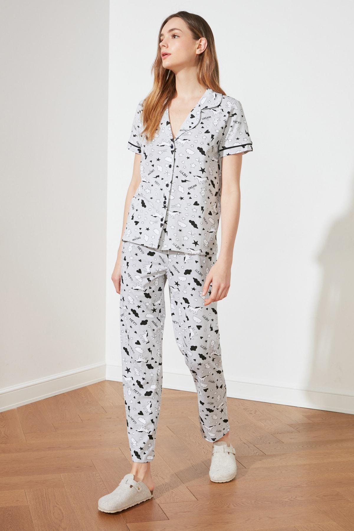 Trendyol - Grey Graphic Mid Waist Pyjama Set