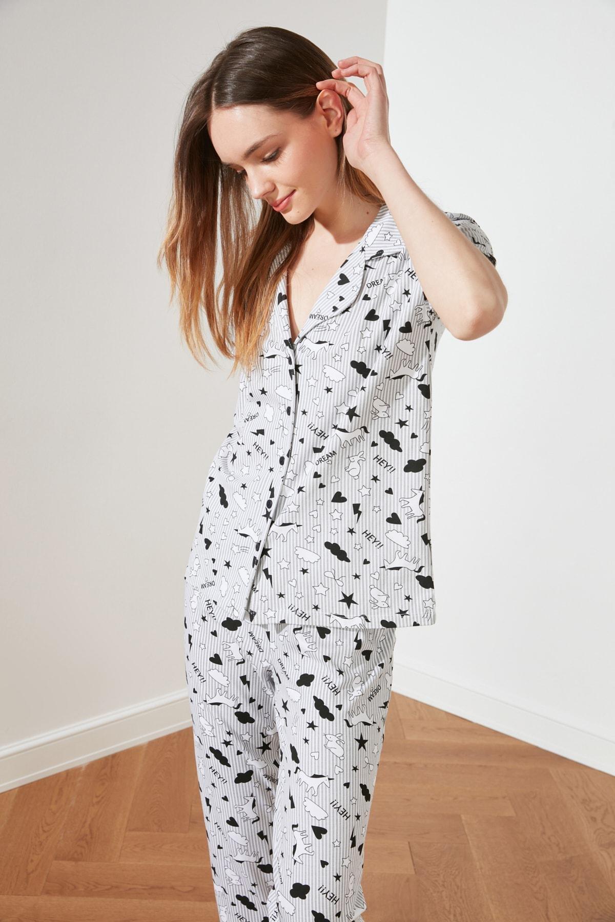 Trendyol - Grey Graphic Mid Waist Pyjama Set