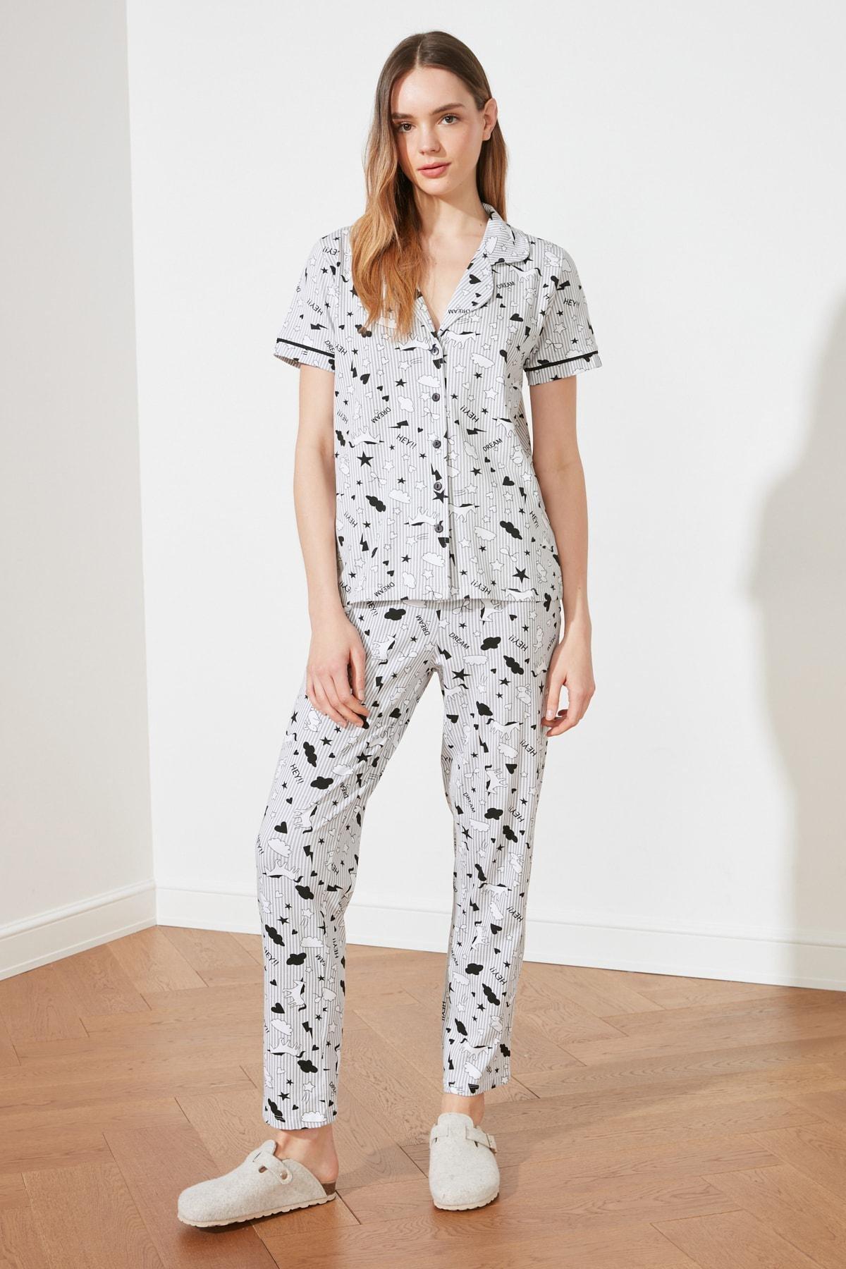 Trendyol - Grey Graphic Mid Waist Pyjama Set