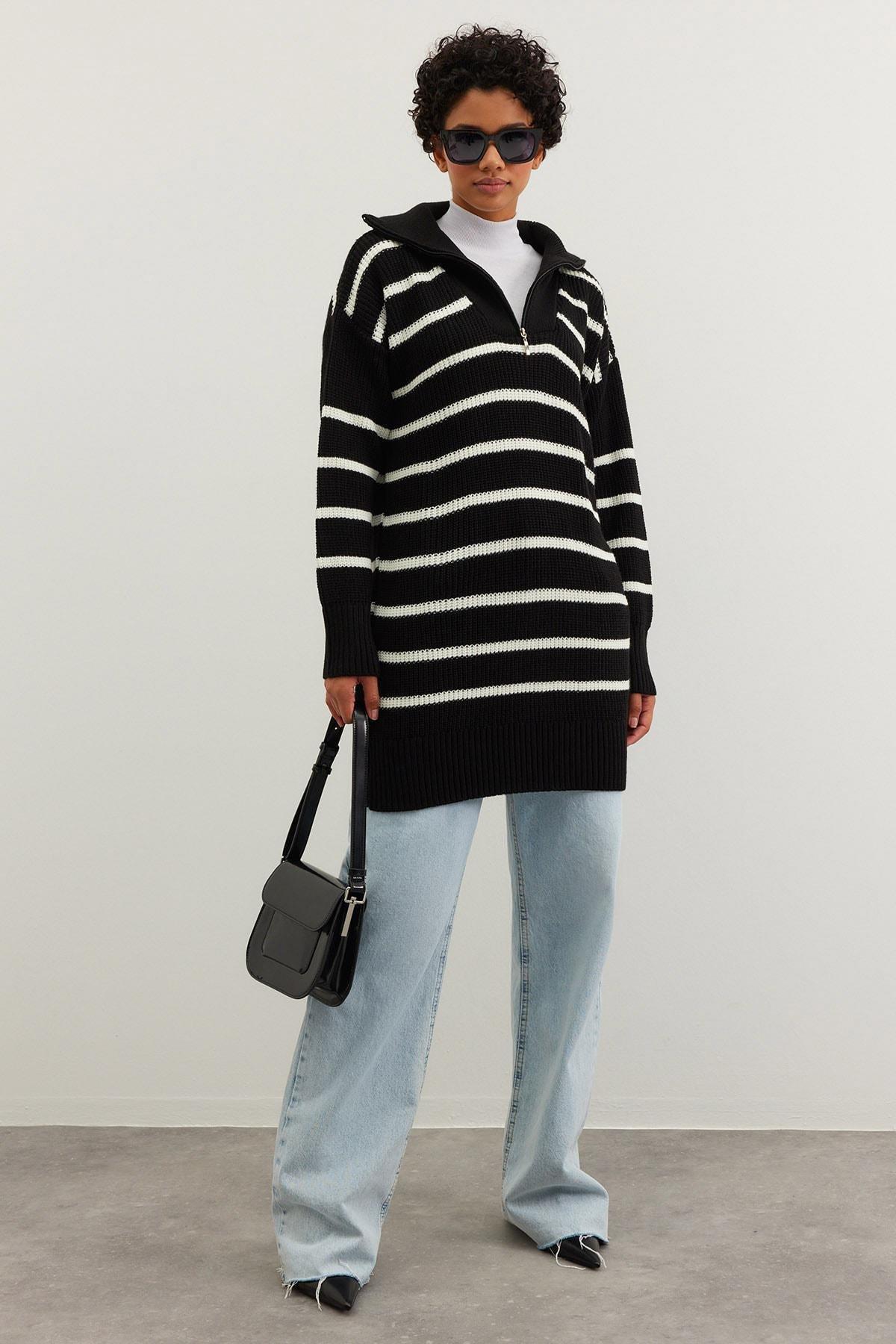 Black Striped Sweater, BLACK, large image number 0