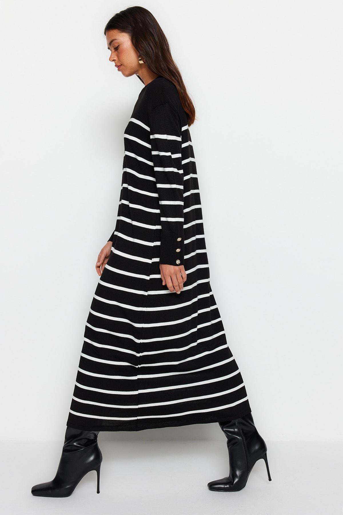 Black Striped Sleeve Detailed Knitted Dress, , large image number 0