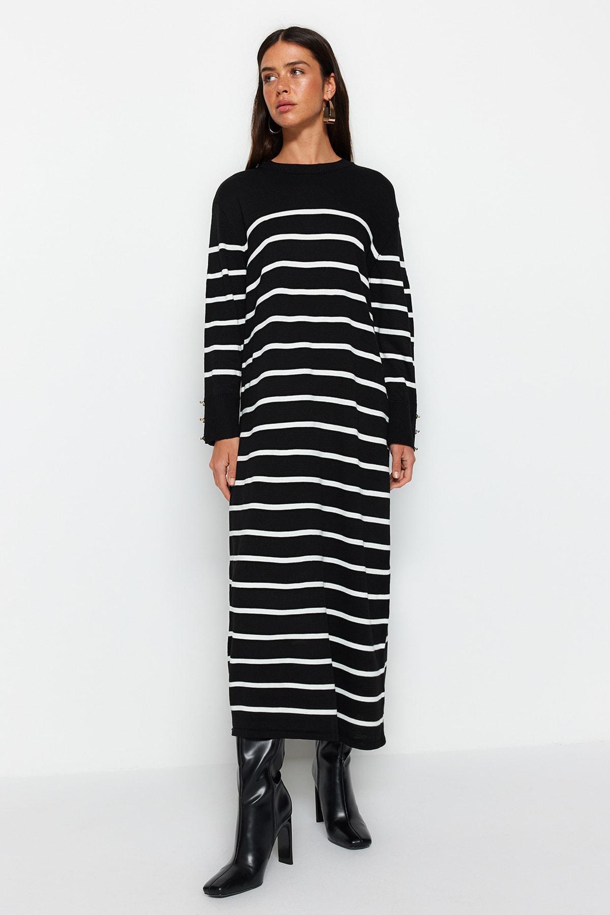 Black Striped Sleeve Detailed Knitted Dress, , large image number 1