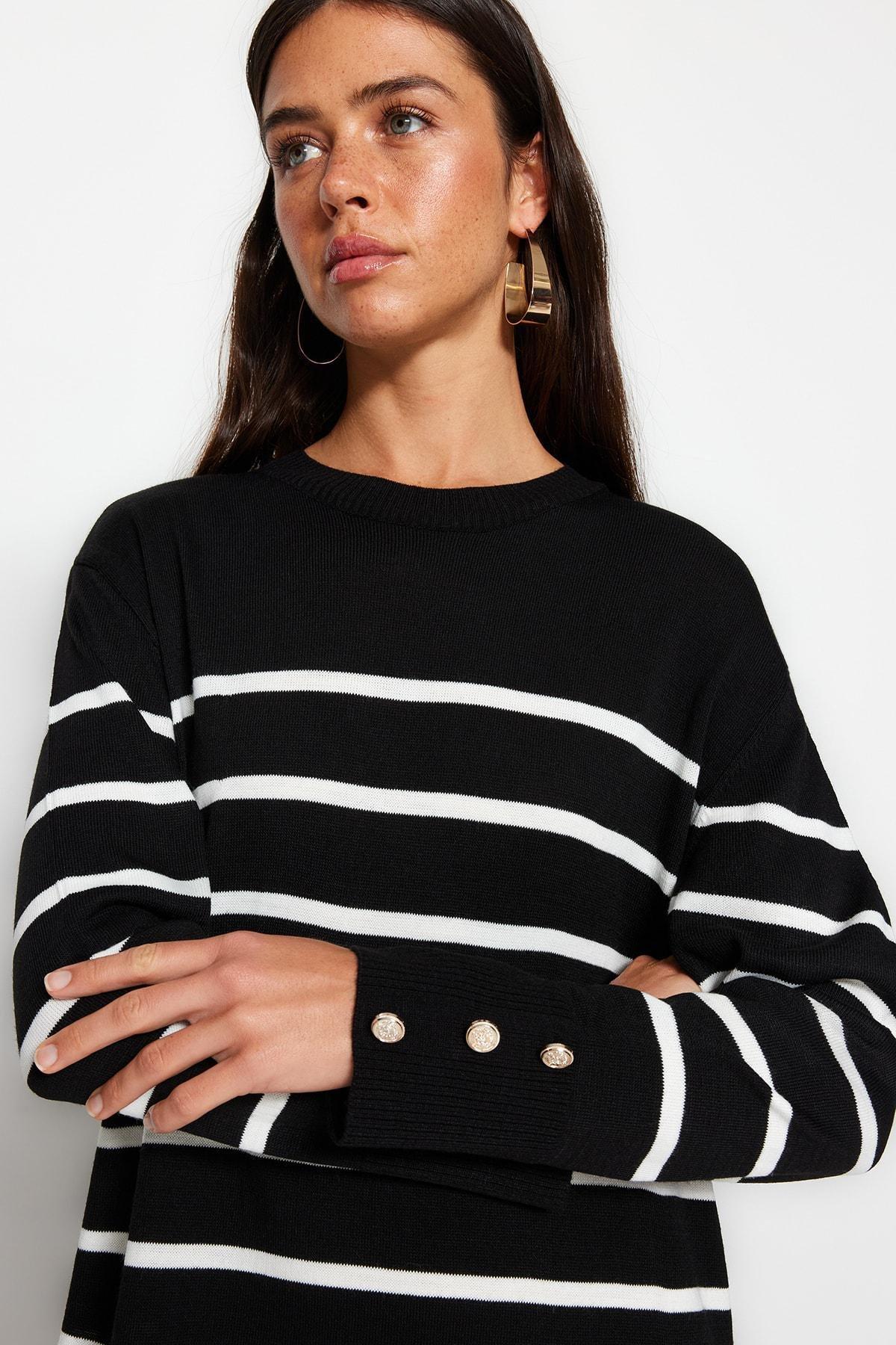 Black Striped Sleeve Detailed Knitted Dress, , large image number 2