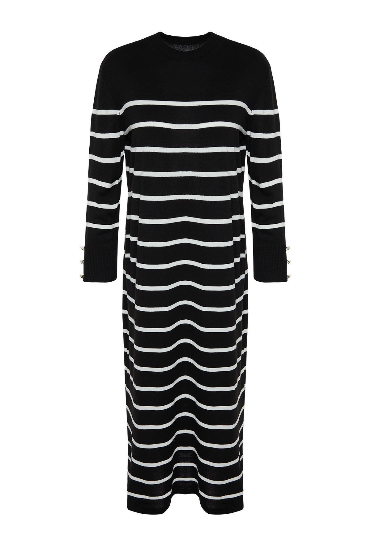 Black Striped Sleeve Detailed Knitted Dress, , large image number 5