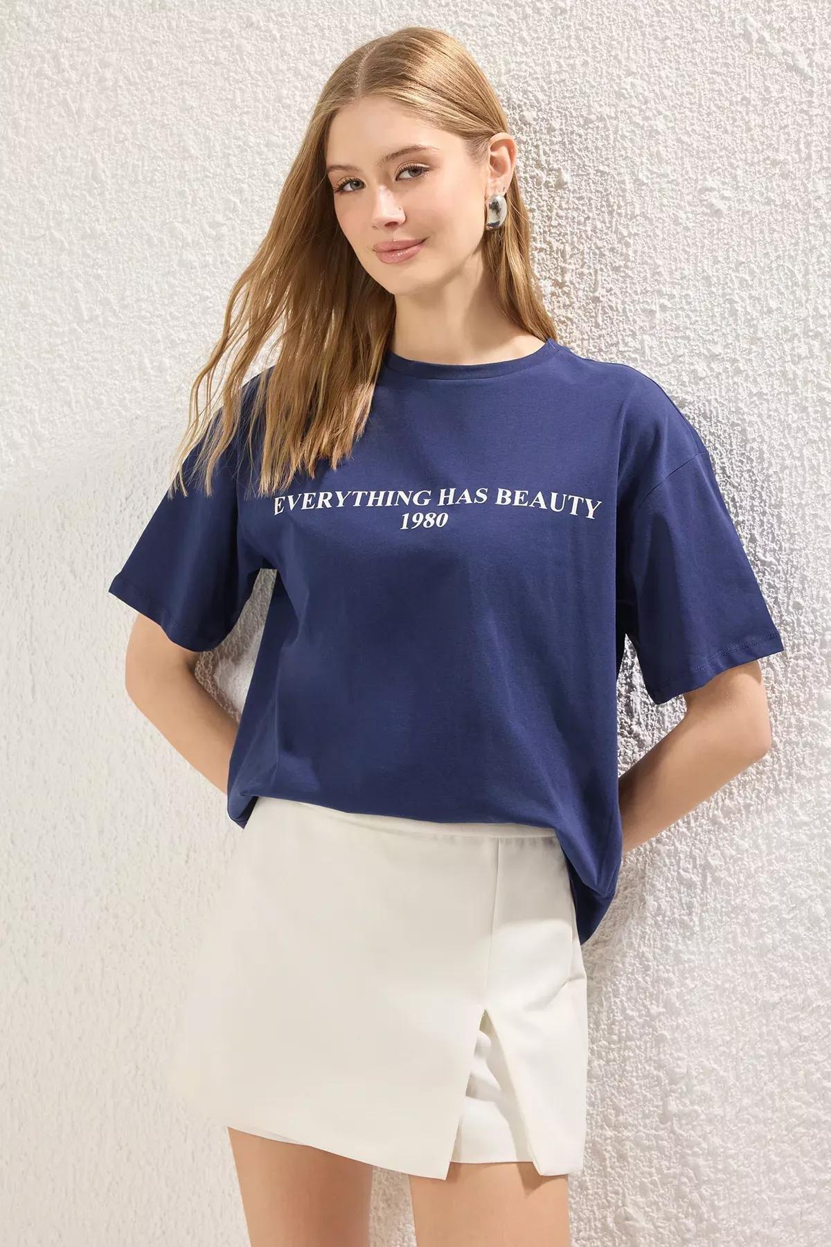 Blue Slogan Printed Relaxed T-Shirt, , large image number 0