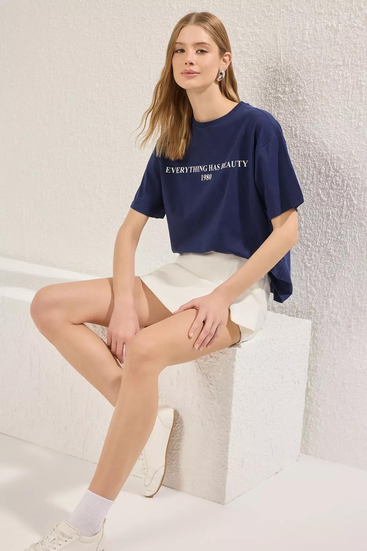 Blue Slogan Printed Relaxed T-Shirt, , large image number 1