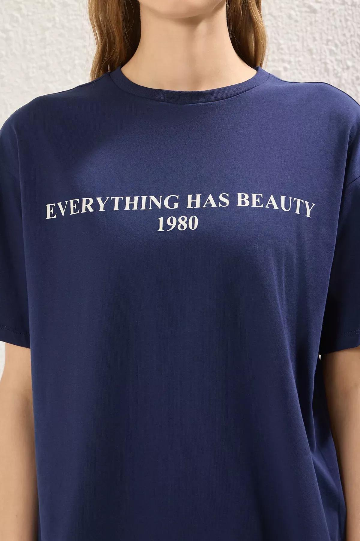 Blue Slogan Printed Relaxed T-Shirt, , large image number 2