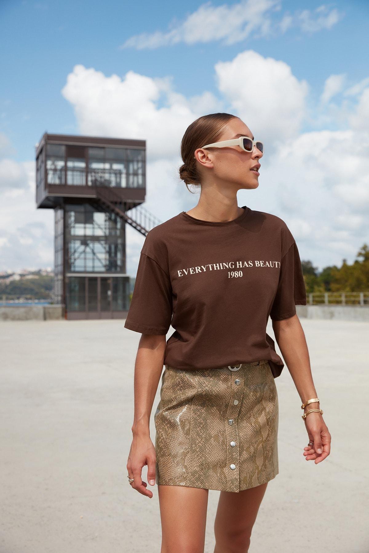 Brown Oversize Printed Crew Neck T-Shirt, , large image number 0