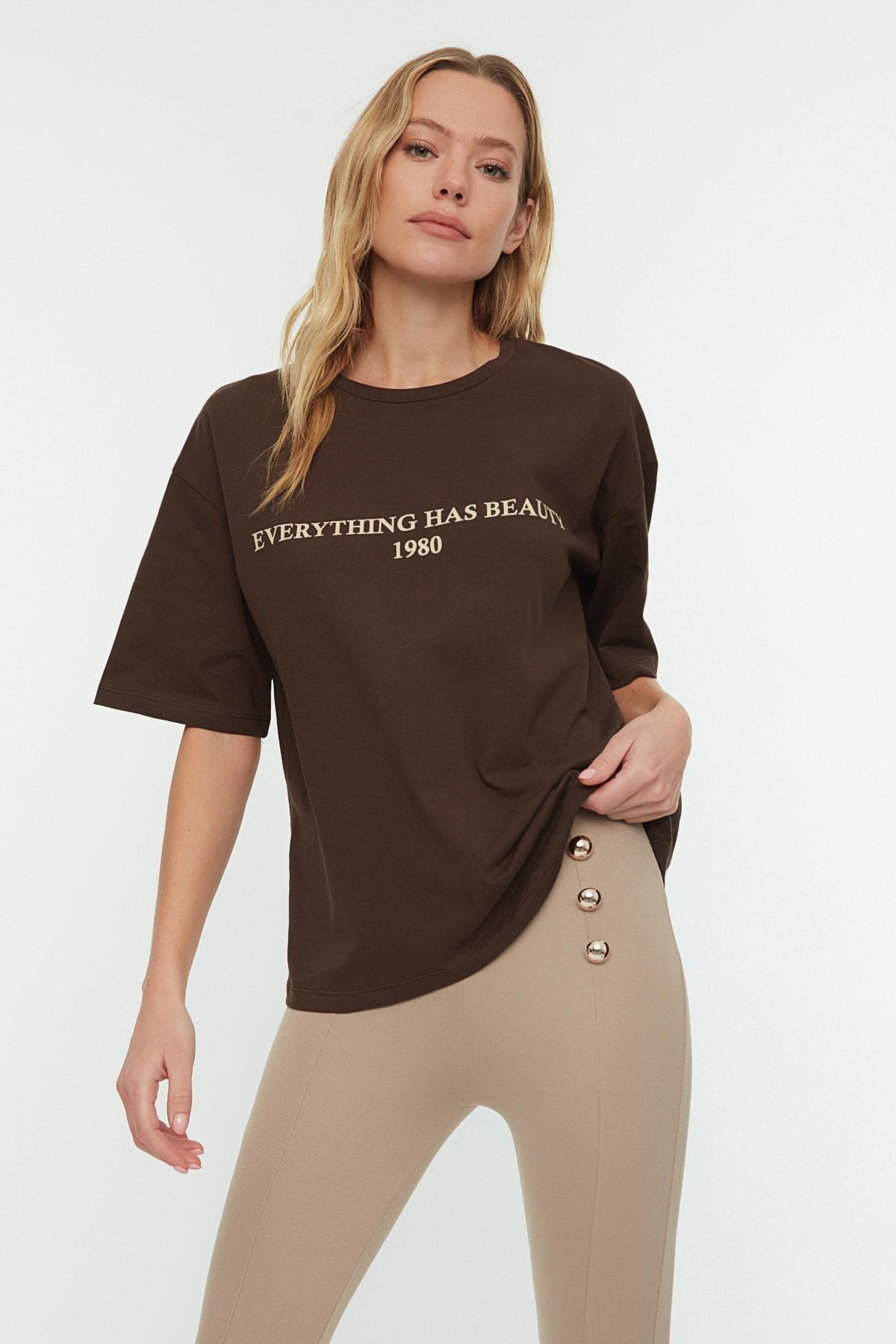 Brown Oversize Printed Crew Neck T-Shirt, , large image number 1