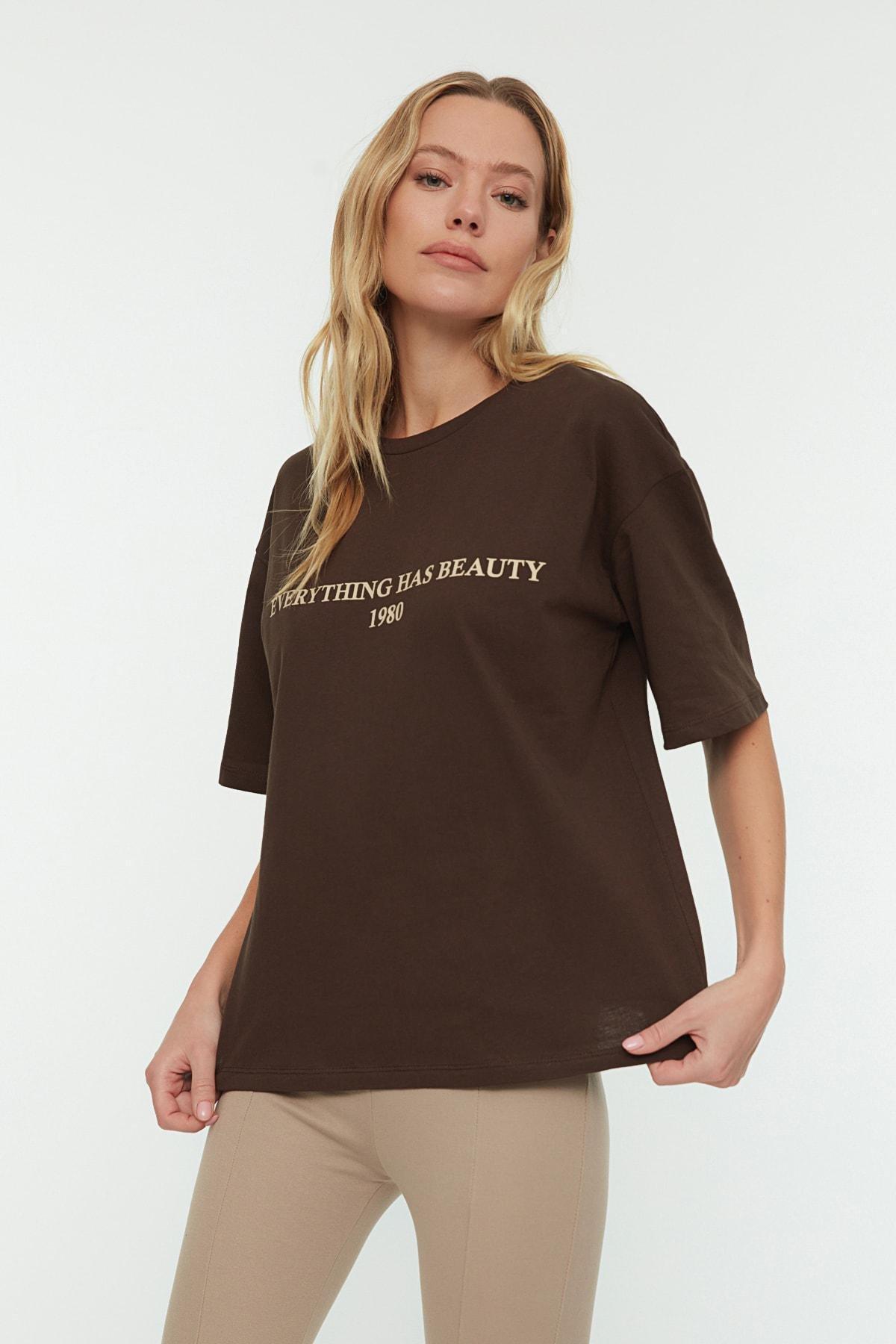 Brown Oversize Printed Crew Neck T-Shirt, , large image number 2