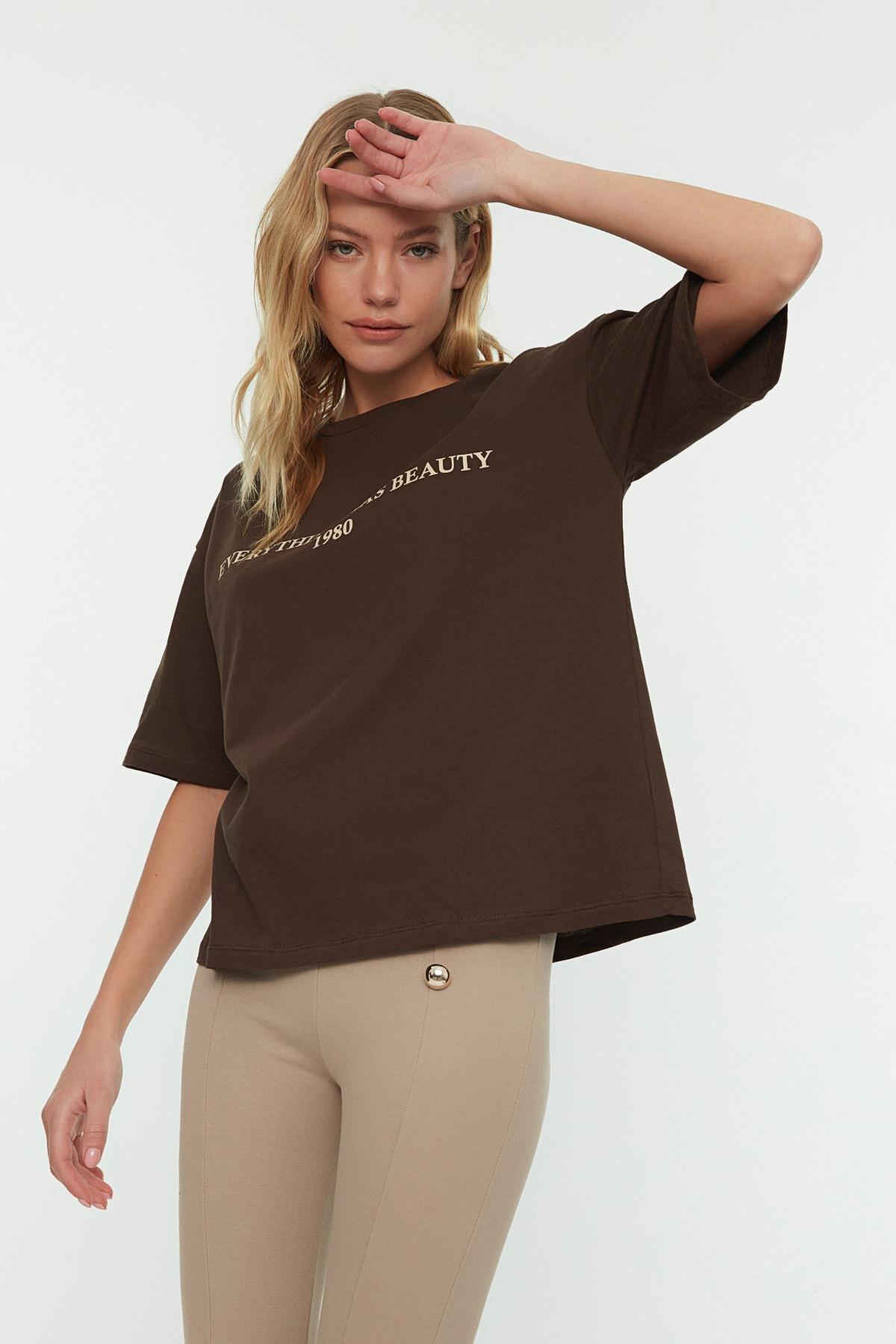 Brown Oversize Printed Crew Neck T-Shirt, , large image number 3
