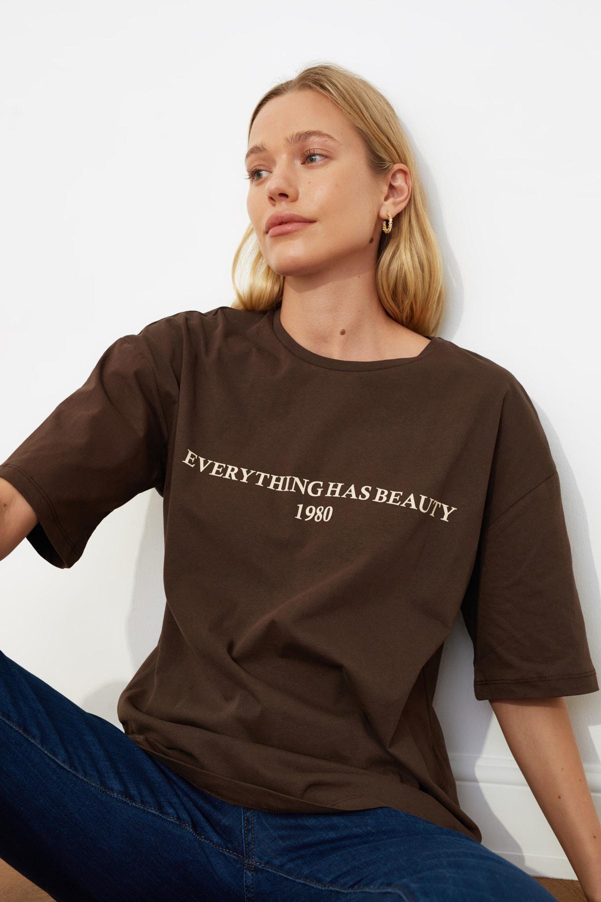 Brown Oversize Printed Crew Neck T-Shirt, , large image number 6