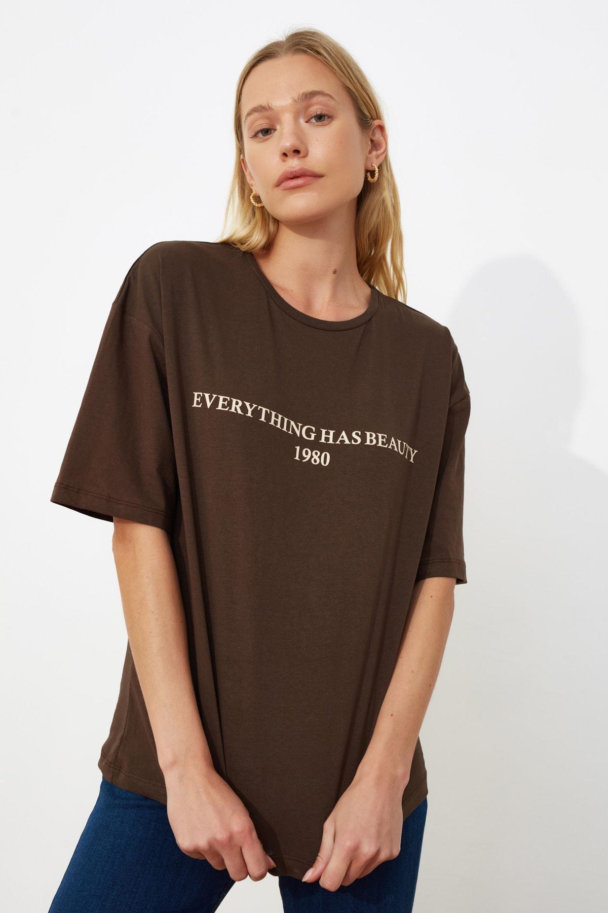 Brown Oversize Printed Crew Neck T-Shirt, , large image number 7