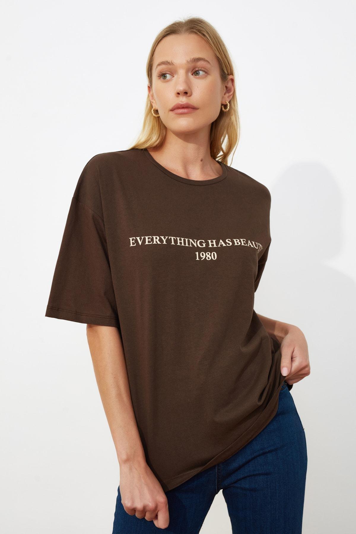 Brown Oversize Printed Crew Neck T-Shirt, , large image number 8