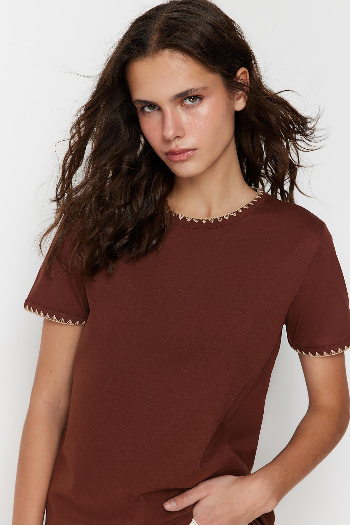 Brown Crew Neck Knitted T-Shirt, , large image number 0