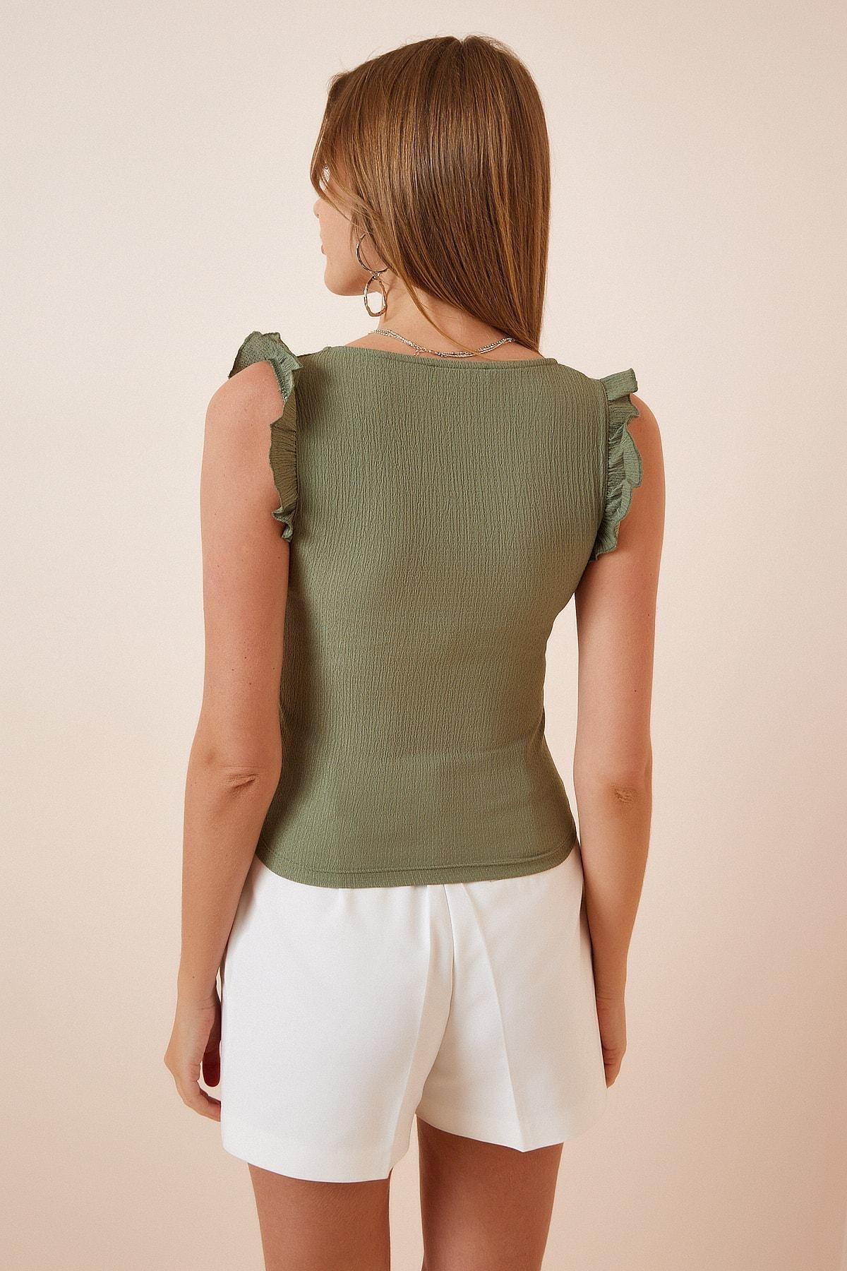 Khaki Square Collar Knitted Blouse, Khaki, large image number 3