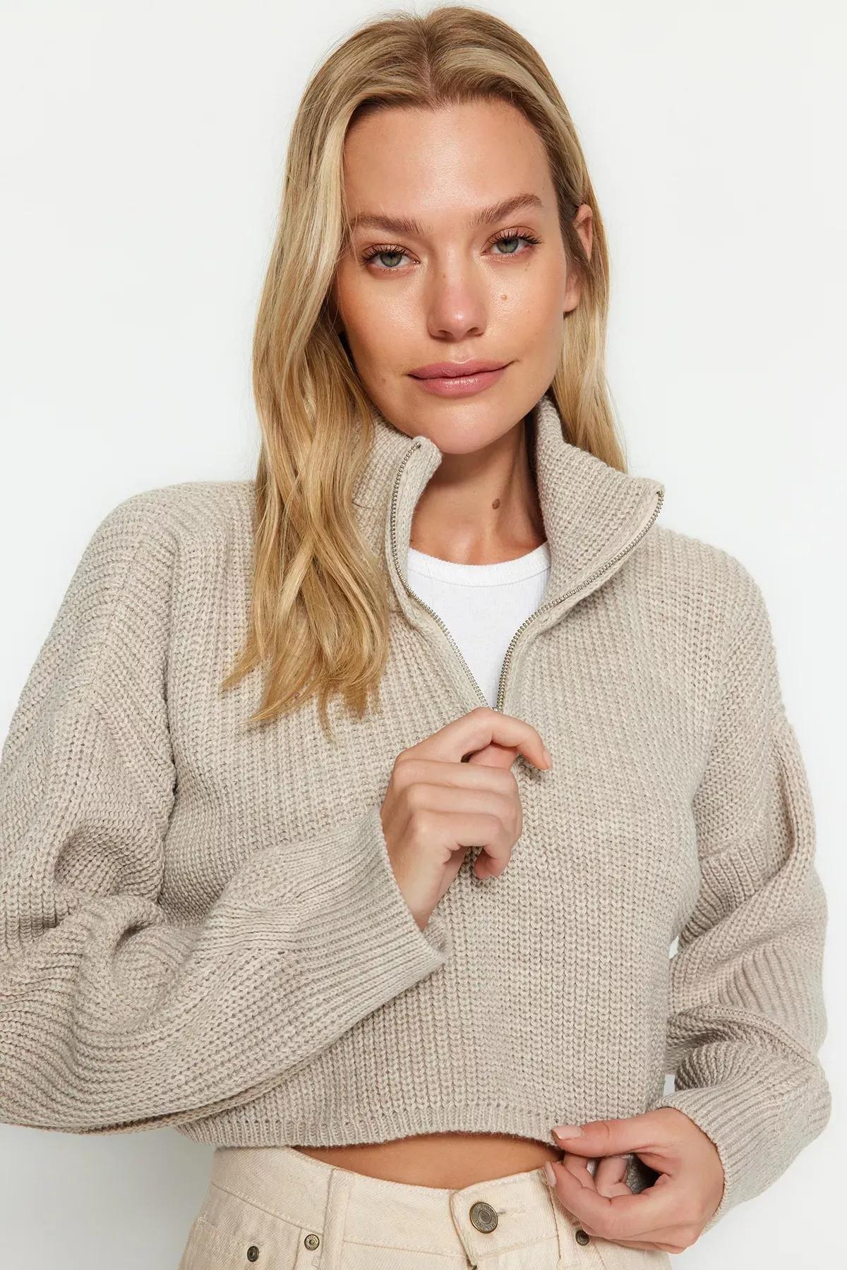 Beige Super Crop Zippered Knitted Sweater, , large image number 2