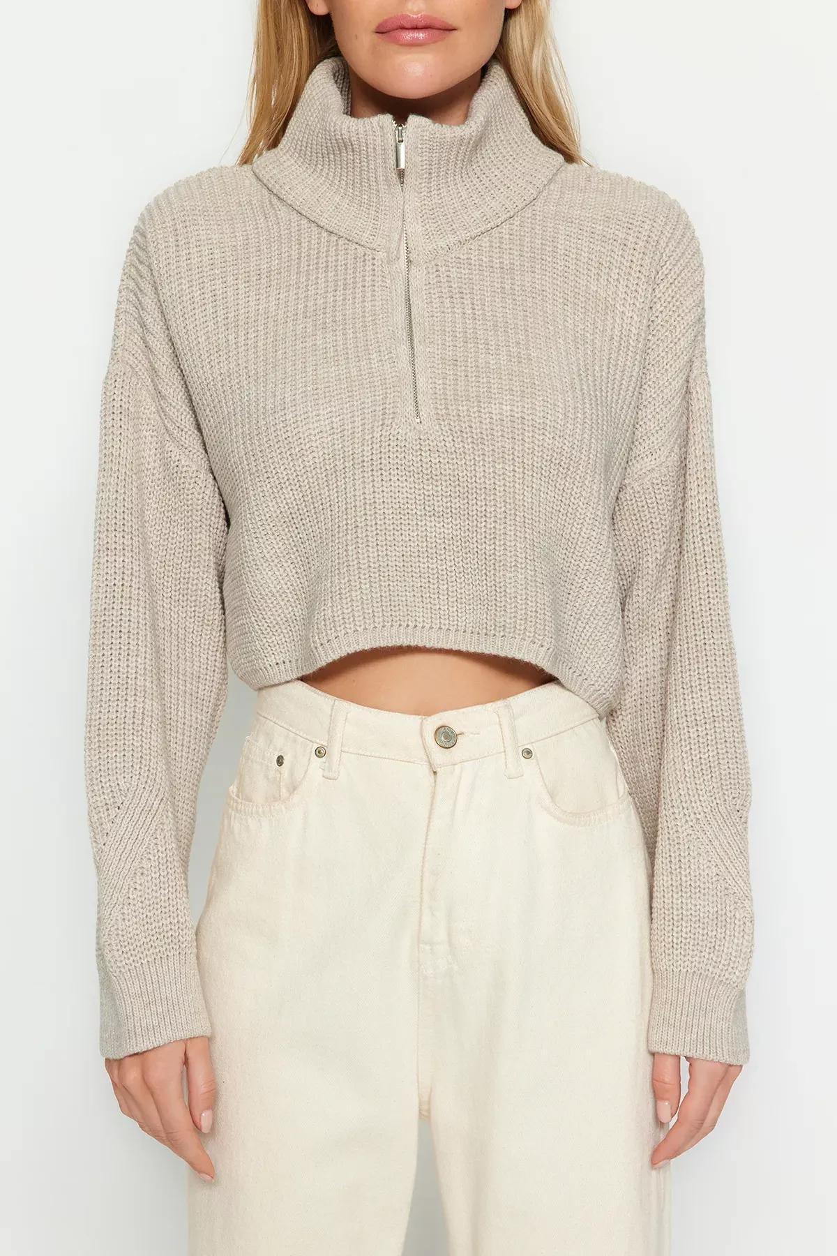 Beige Super Crop Zippered Knitted Sweater, , large image number 3
