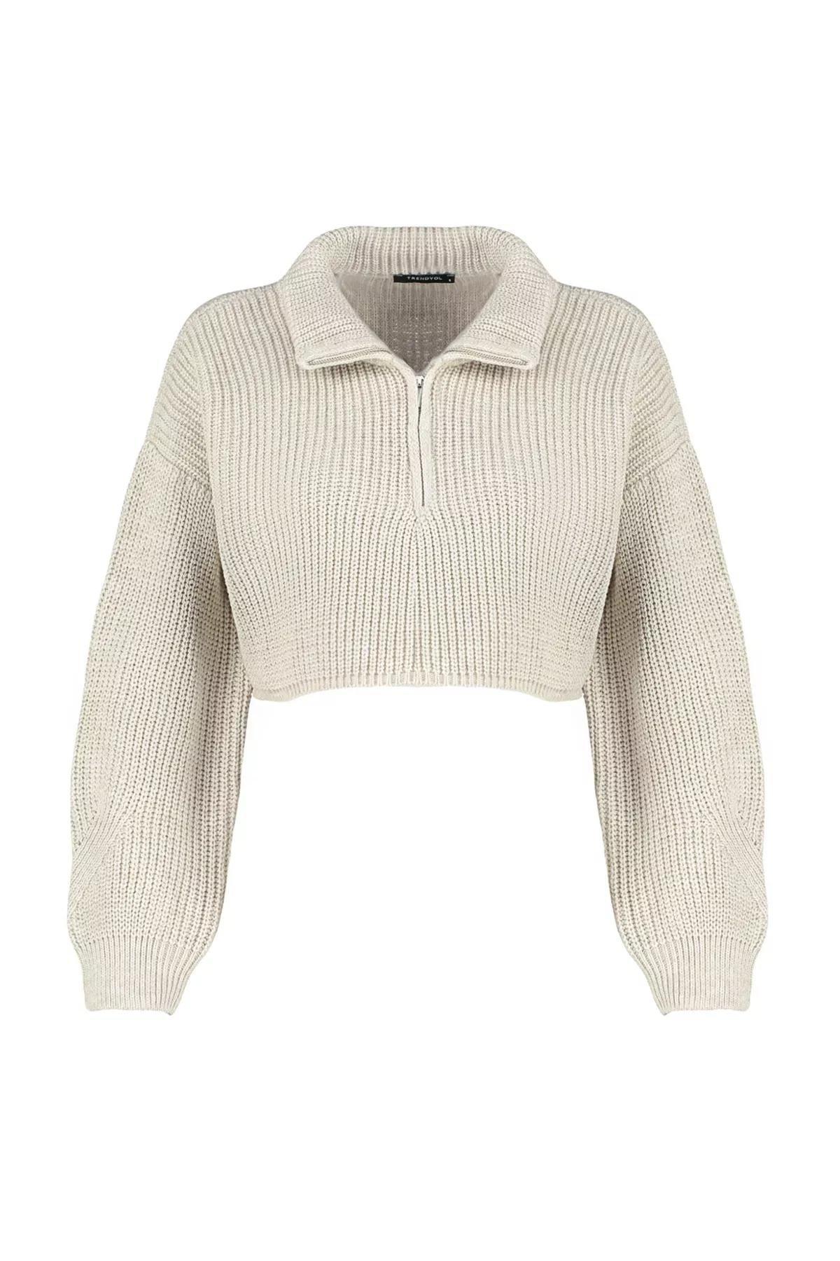 Beige Super Crop Zippered Knitted Sweater, , large image number 4