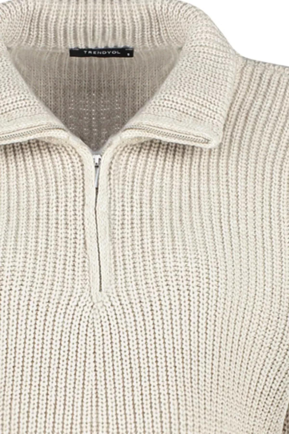 Beige Super Crop Zippered Knitted Sweater, , large image number 5