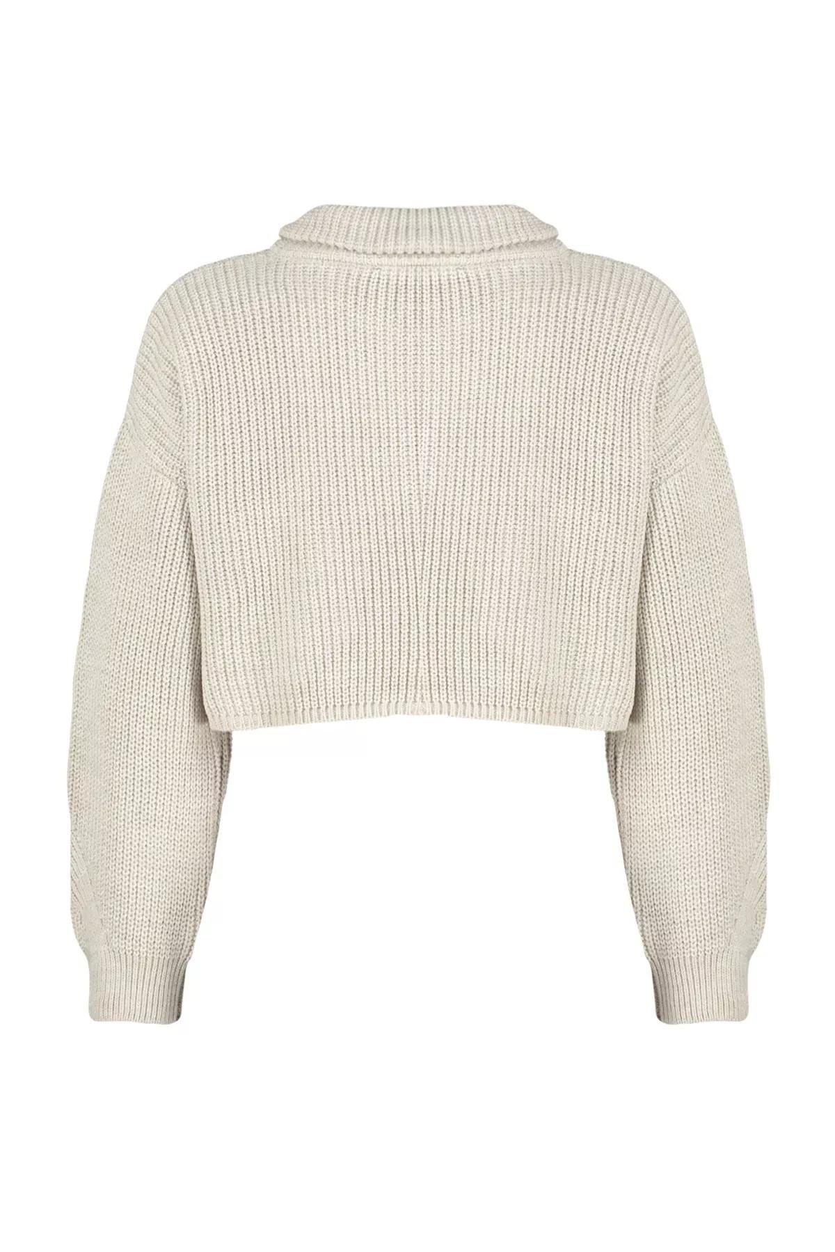 Beige Super Crop Zippered Knitted Sweater, , large image number 6