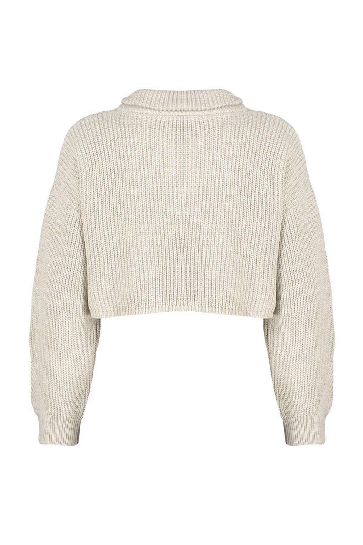 Beige Super Crop Zippered Knitted Sweater, , large image number 7