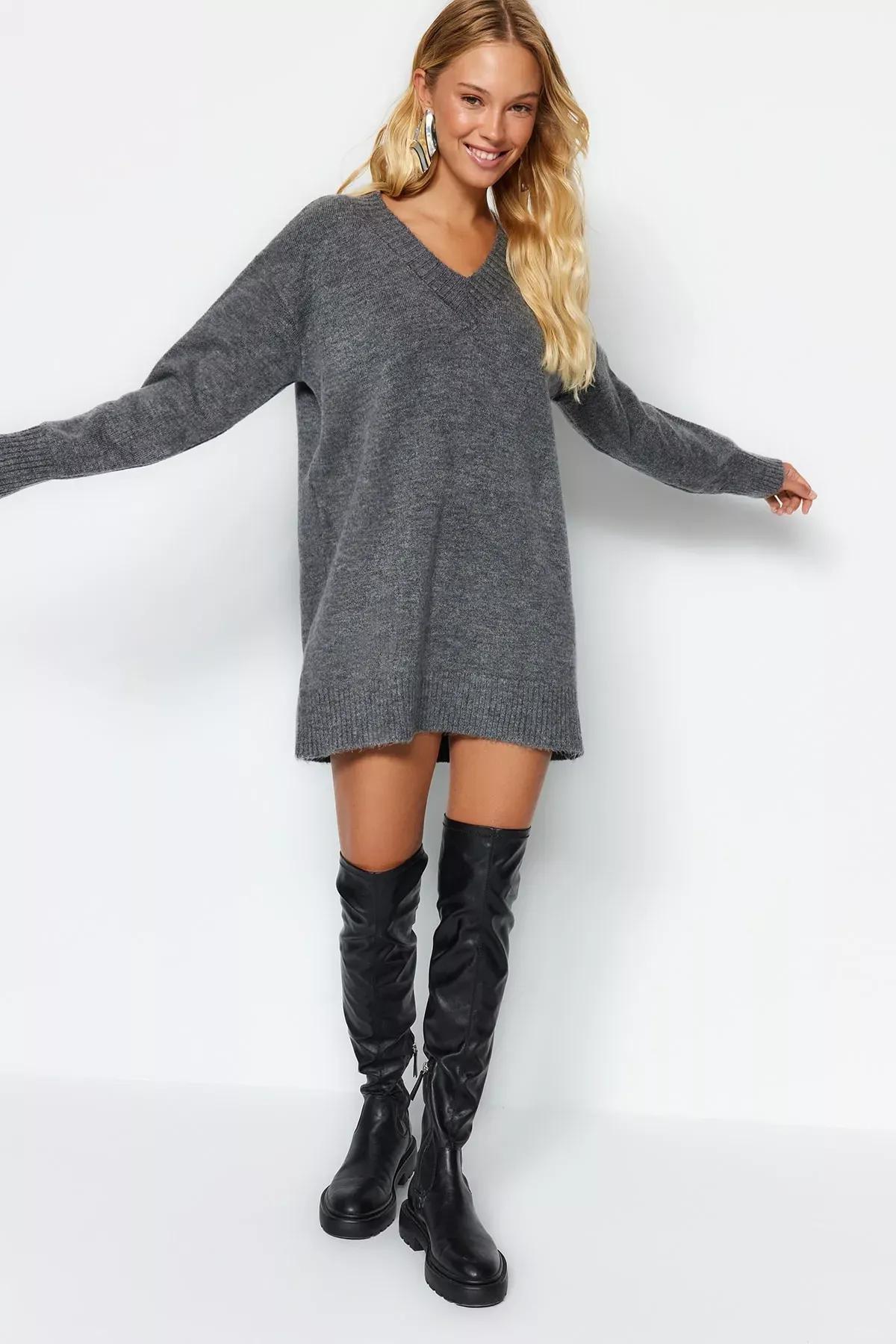 Grey Super Mini Wide Fit Knitwear Dress, Anthracite, large image number 0