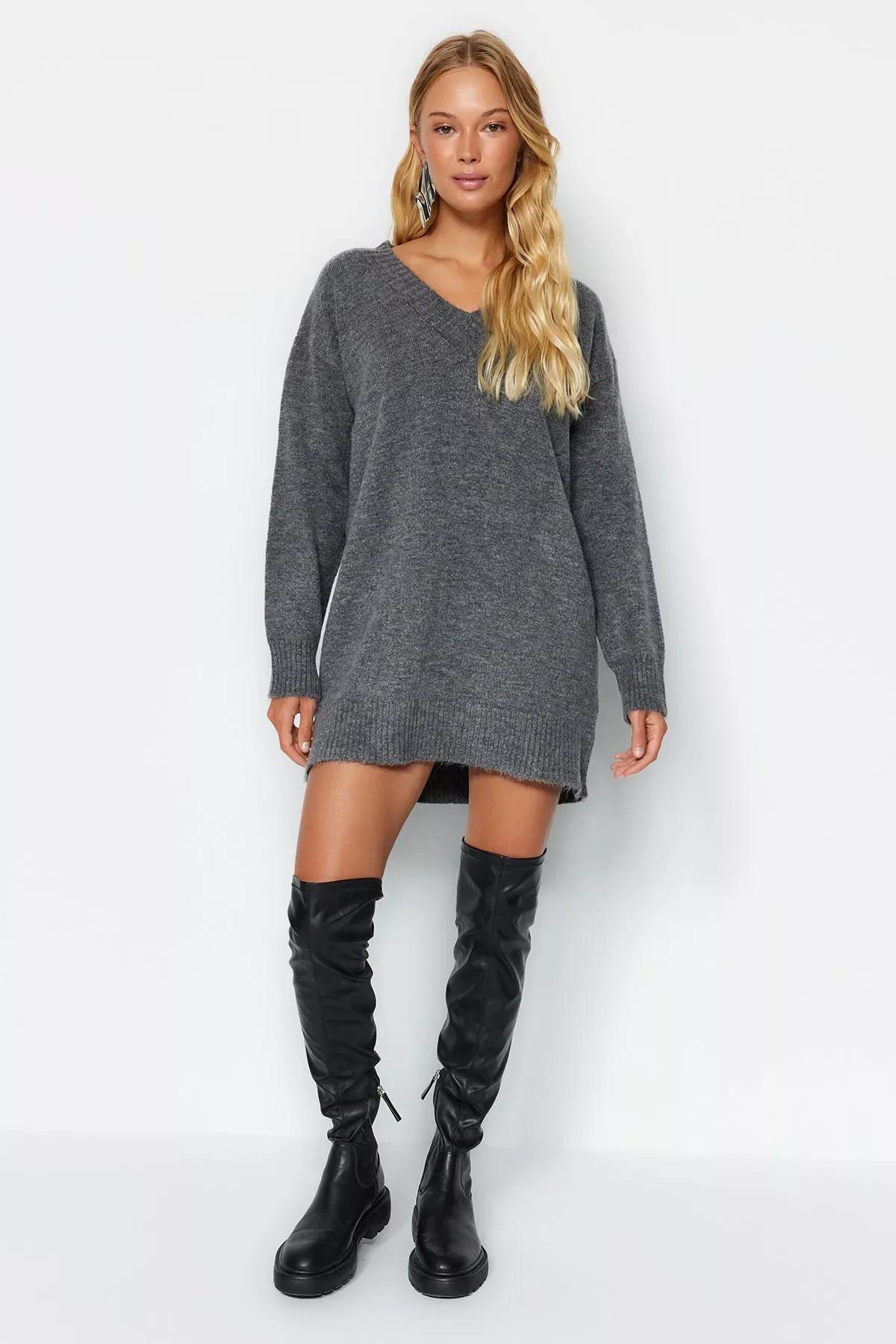 Grey Super Mini Wide Fit Knitwear Dress, Anthracite, large image number 1