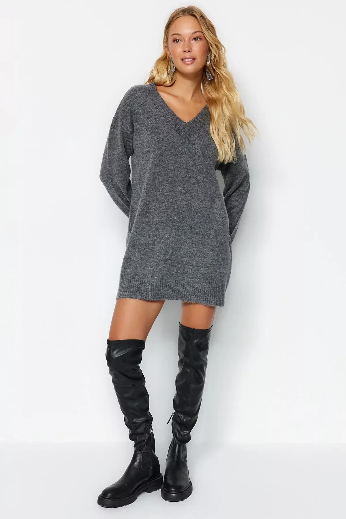 Grey Super Mini Wide Fit Knitwear Dress, Anthracite, large image number 2