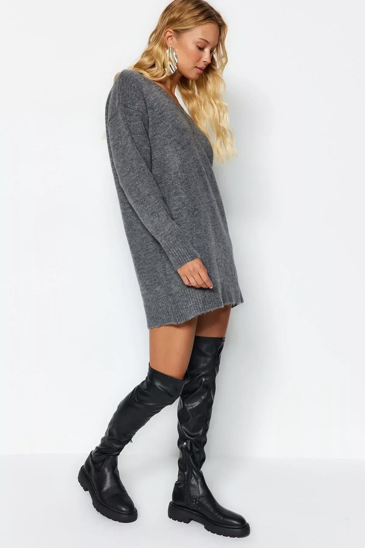 Grey Super Mini Wide Fit Knitwear Dress, Anthracite, large image number 3