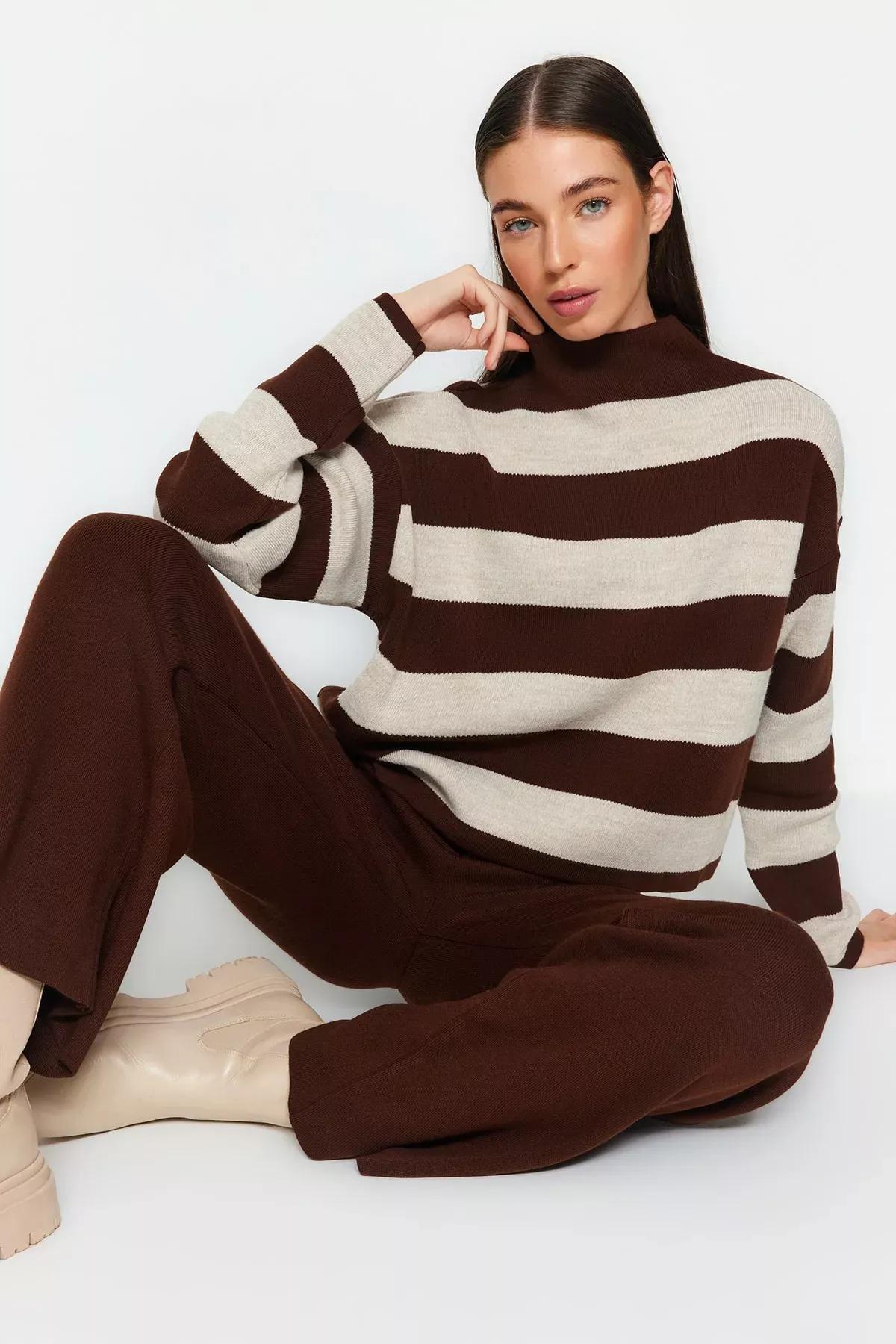 Brown Striped Oversize Co-Ord Set, Brown, medium