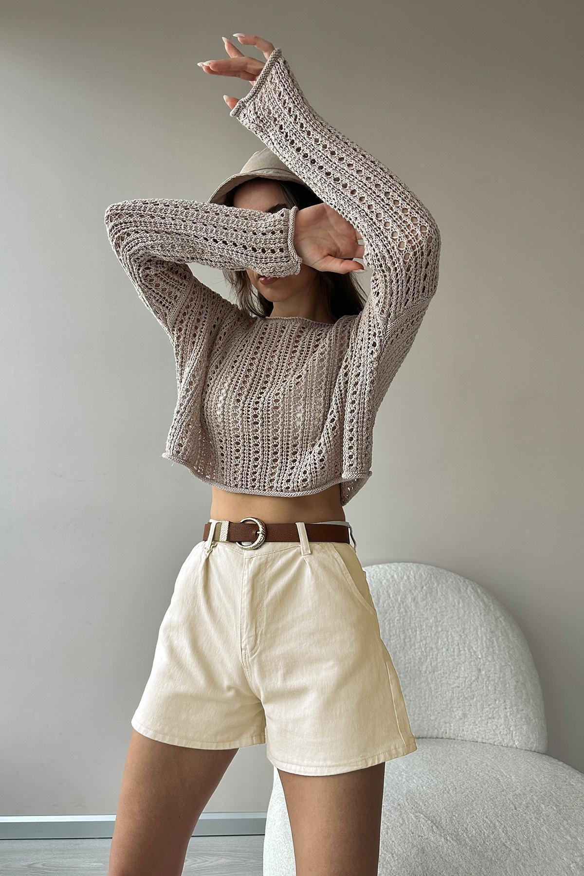 Beige Relaxed Mid Waist Shorts, , large image number 0