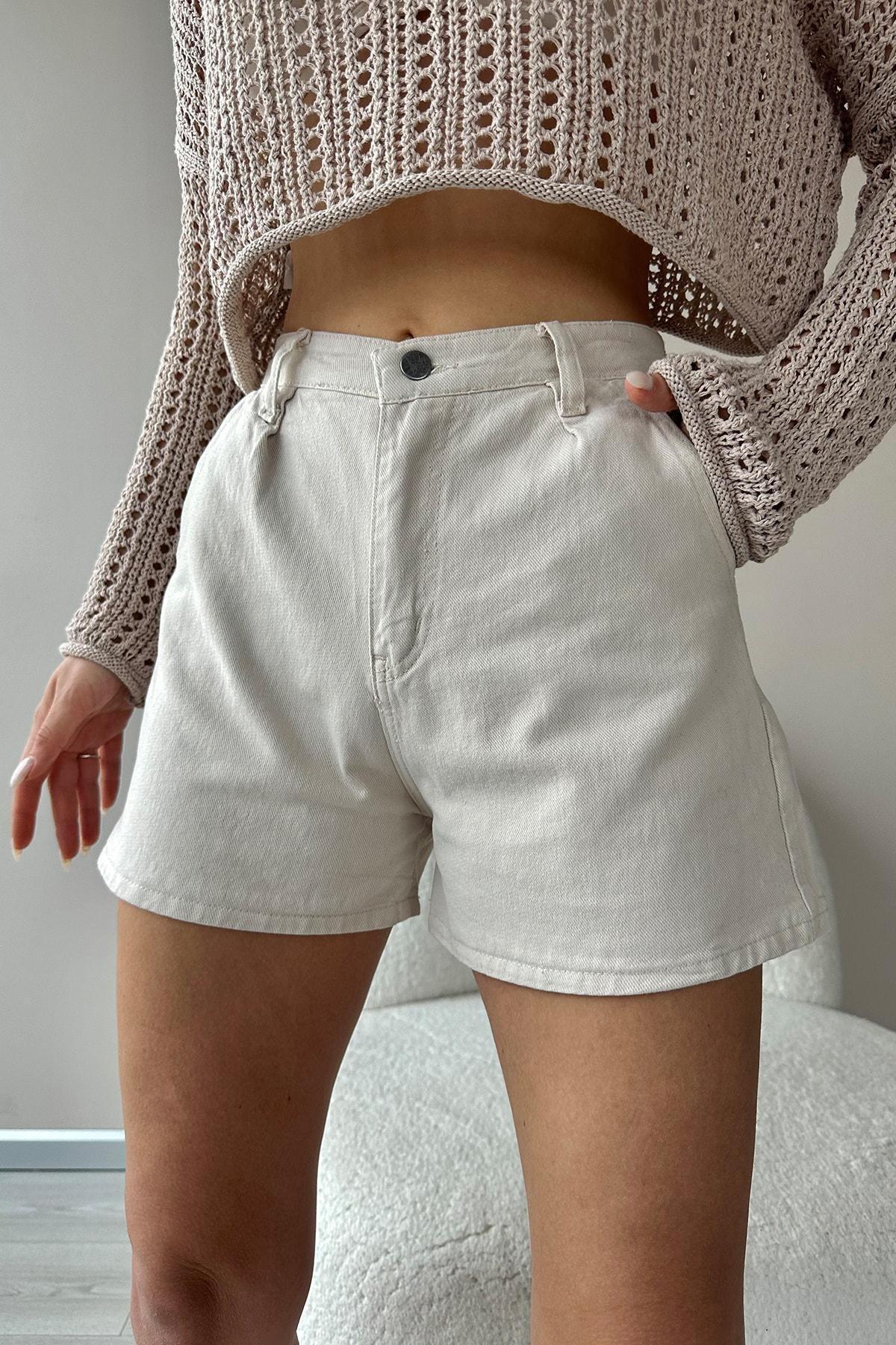 Beige Relaxed Mid Waist Shorts, , large image number 1