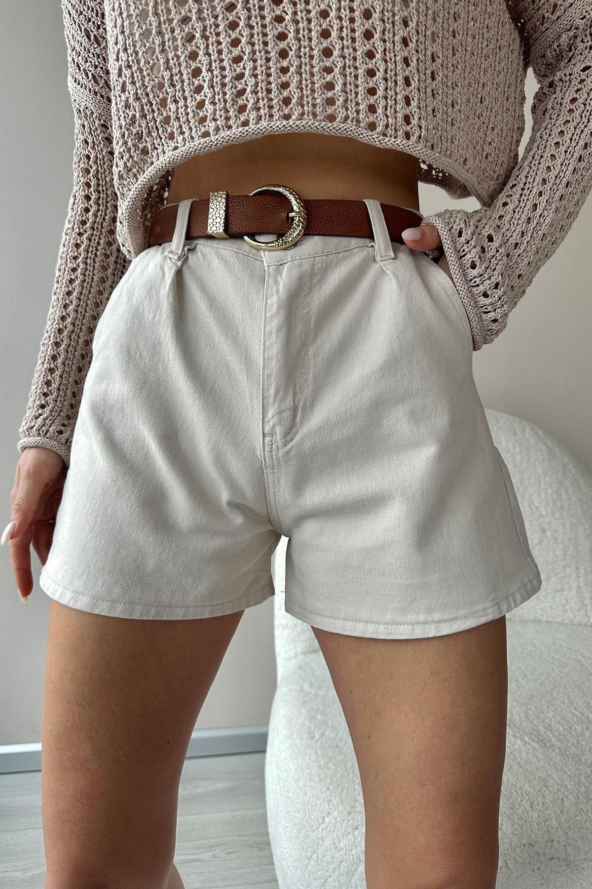 Beige Relaxed Mid Waist Shorts, , large image number 3