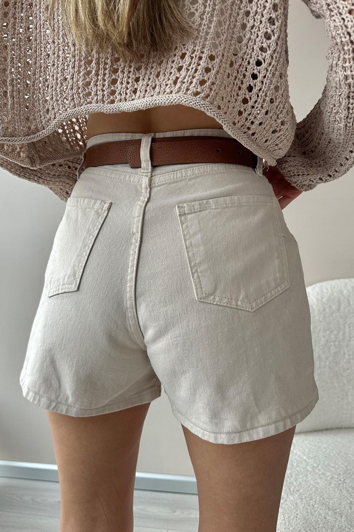 Beige Relaxed Mid Waist Shorts, , large image number 5