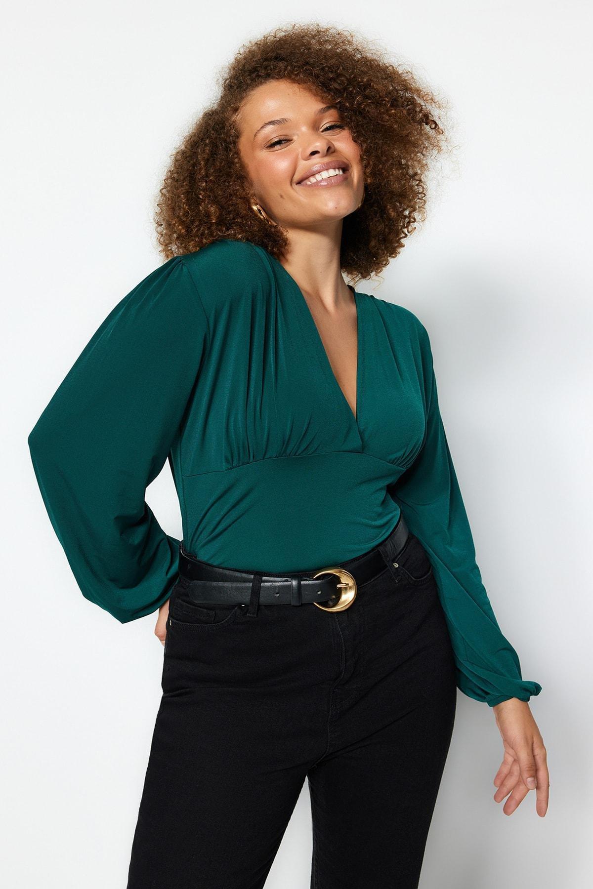 Green Fitted Plus Size Blouse, Emerald, large image number 0