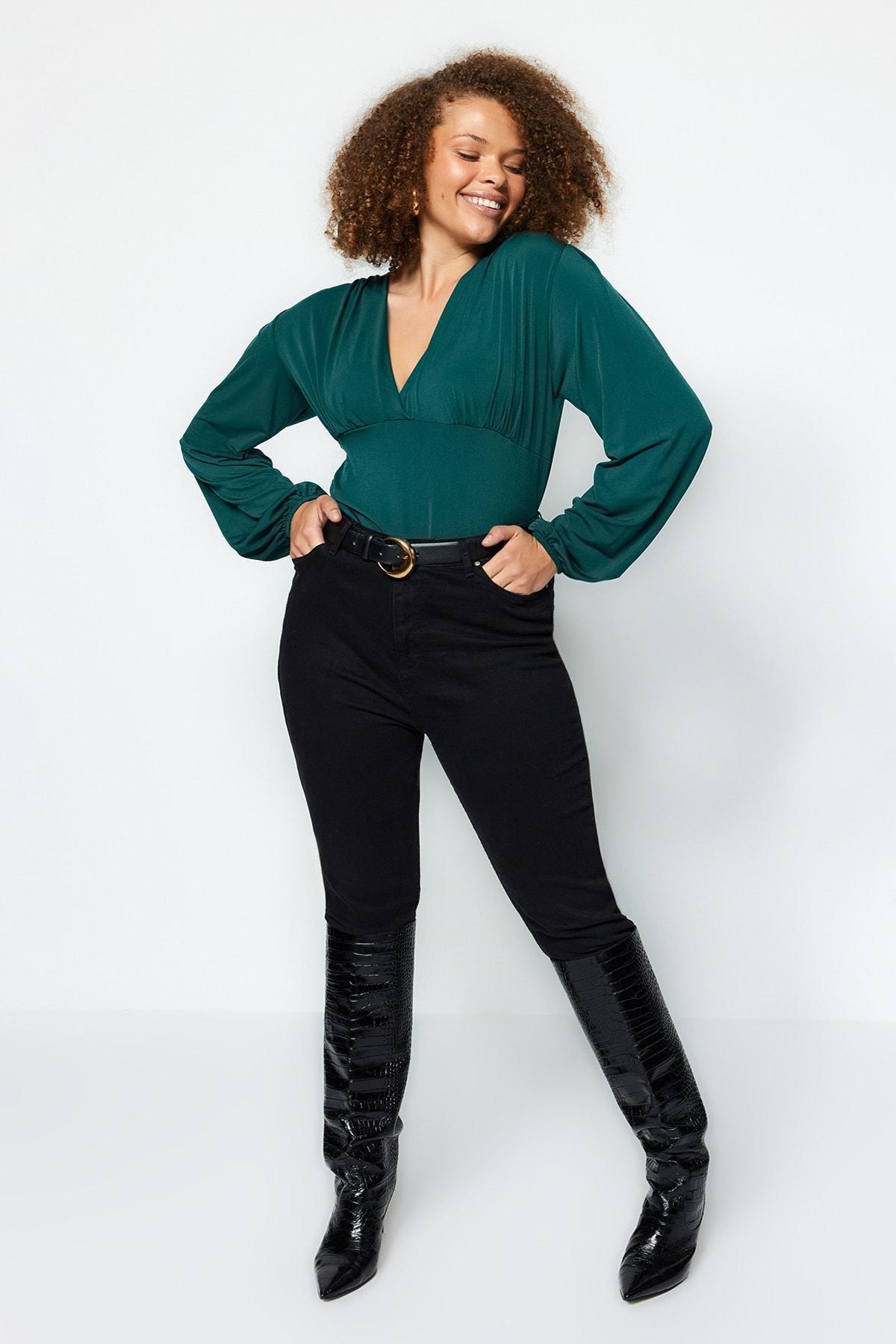 Green Fitted Plus Size Blouse, Emerald, large image number 1