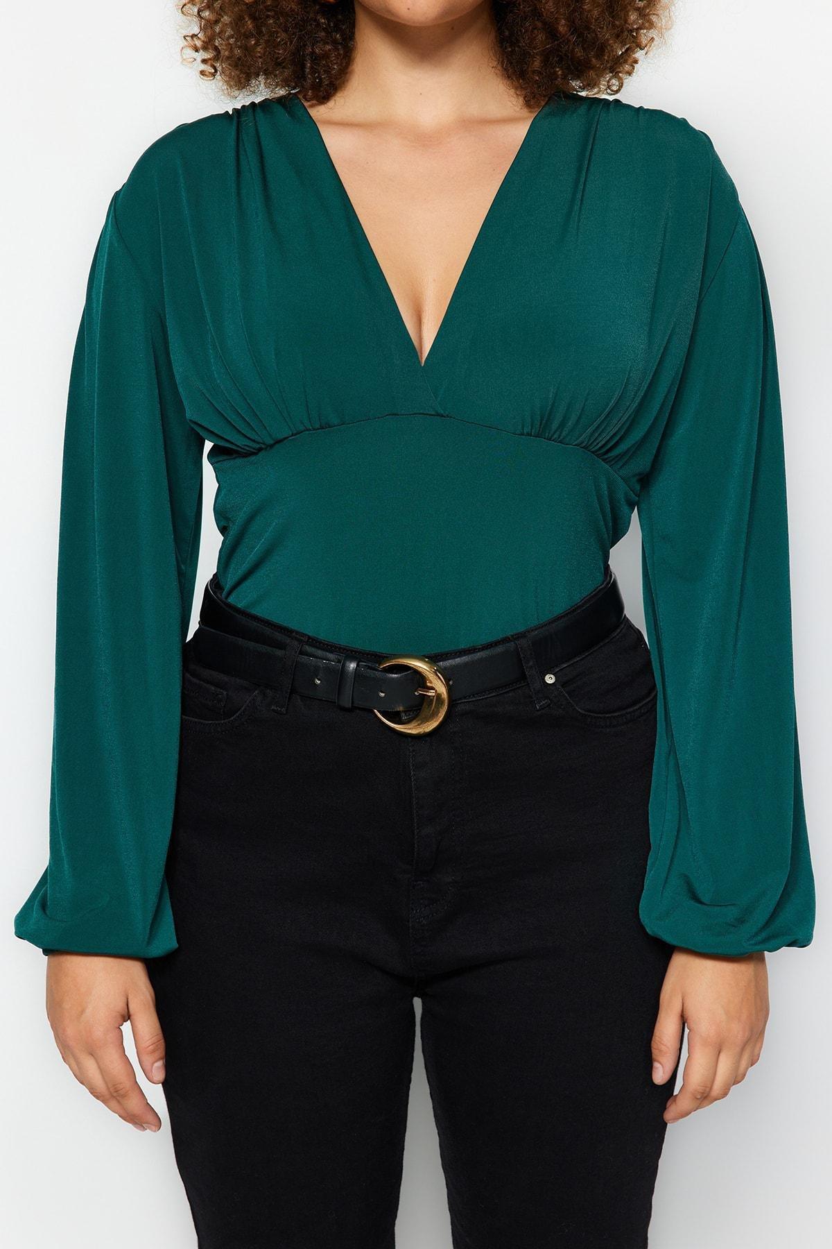 Green Fitted Plus Size Blouse, Emerald, large image number 2
