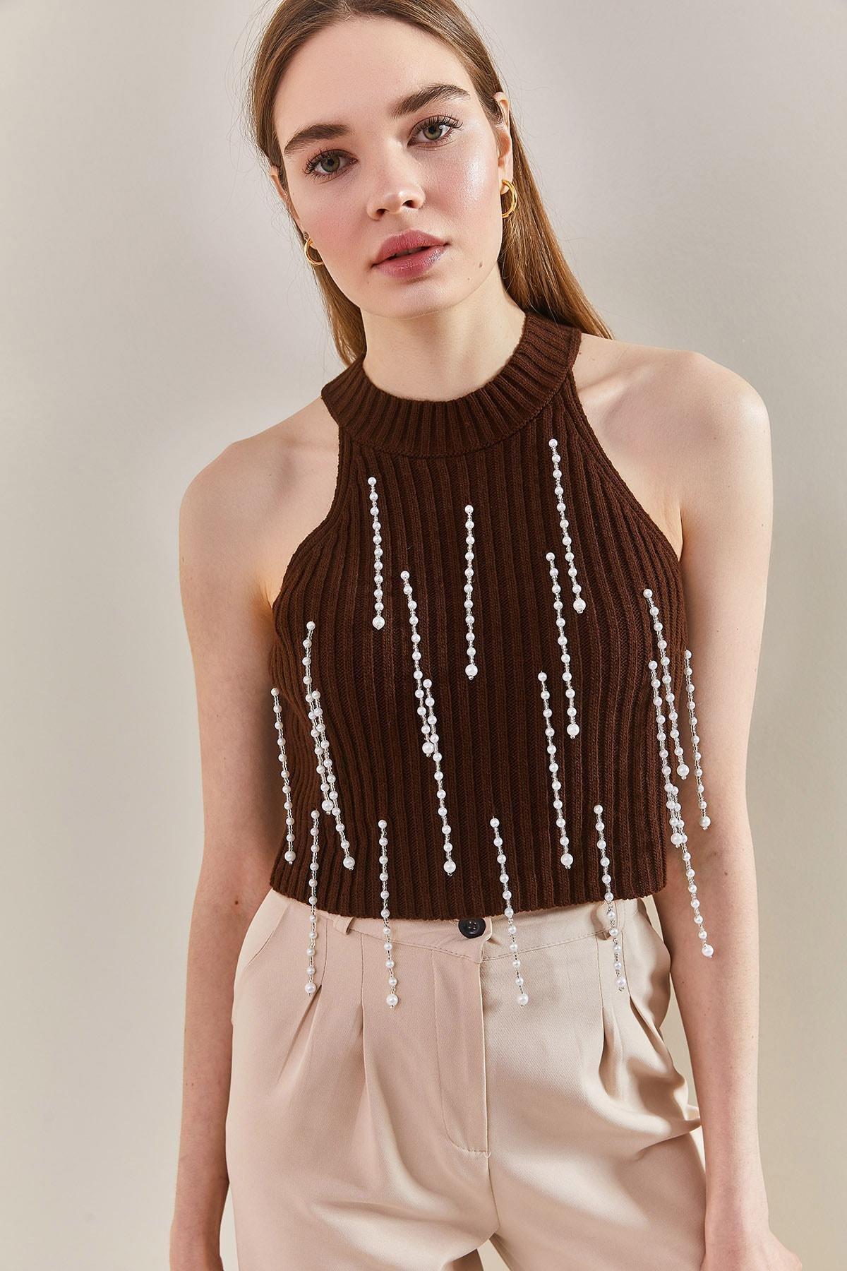 Brown Stone Embroidered Knitted Blouse, Brown, large image number 0