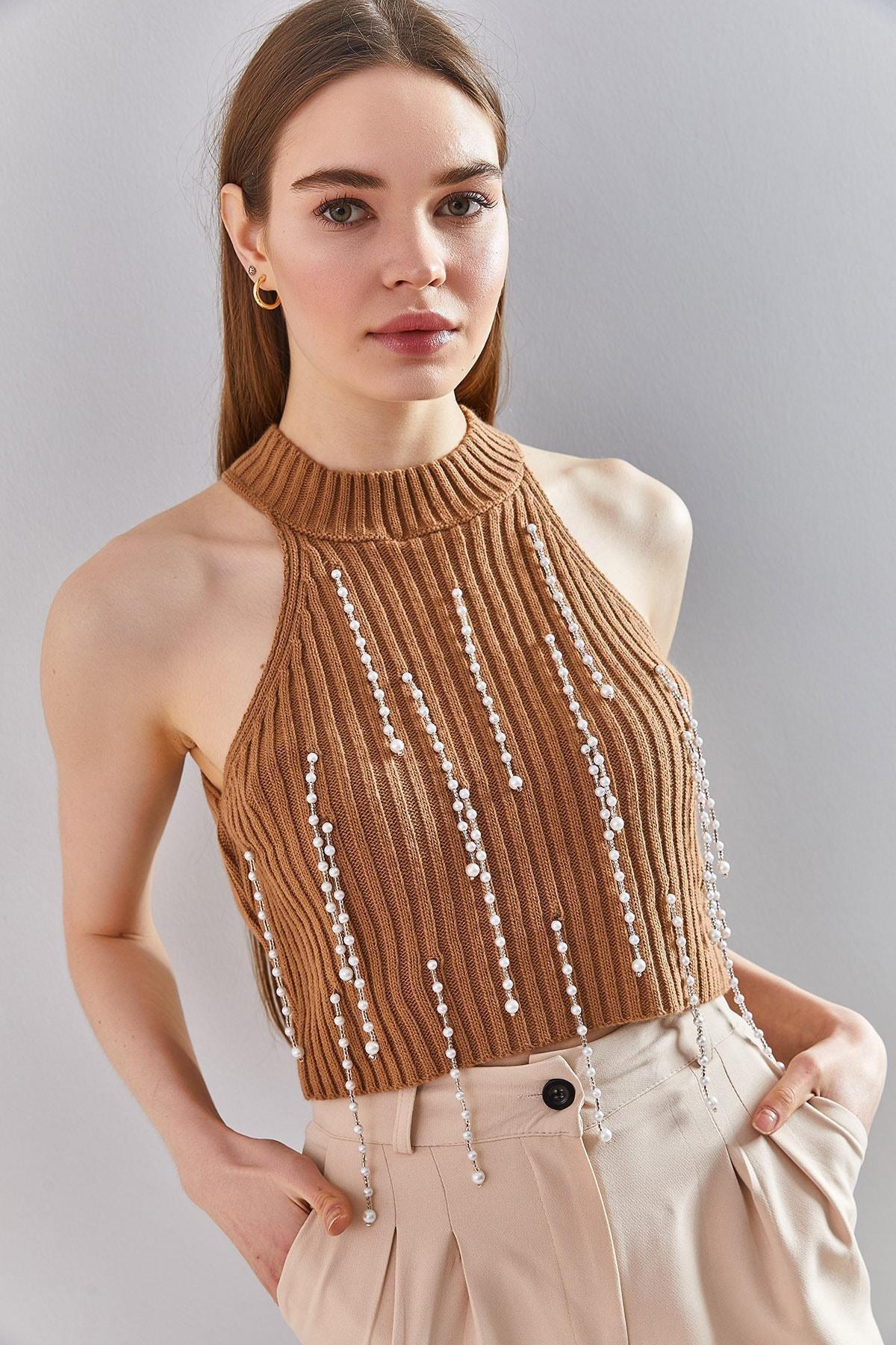 Beige Stone Embroidered Knitted Blouse, CAMEL, large image number 1