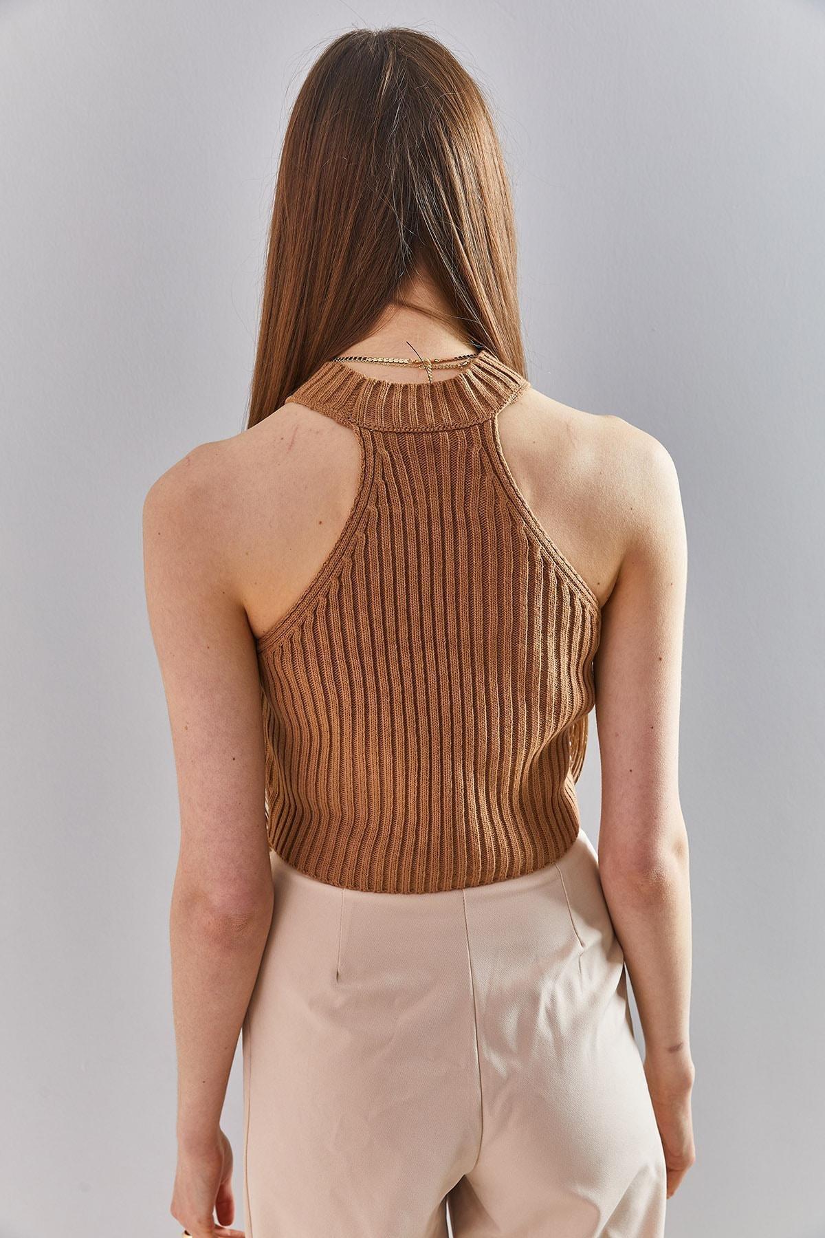 Beige Stone Embroidered Knitted Blouse, CAMEL, large image number 3